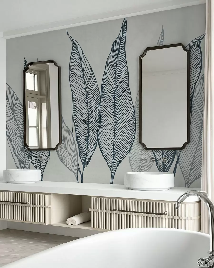 Papier peint Feuilles bleues stylisées aux détails linéaires complexes sur fond gris, illustration texturée w10030v3