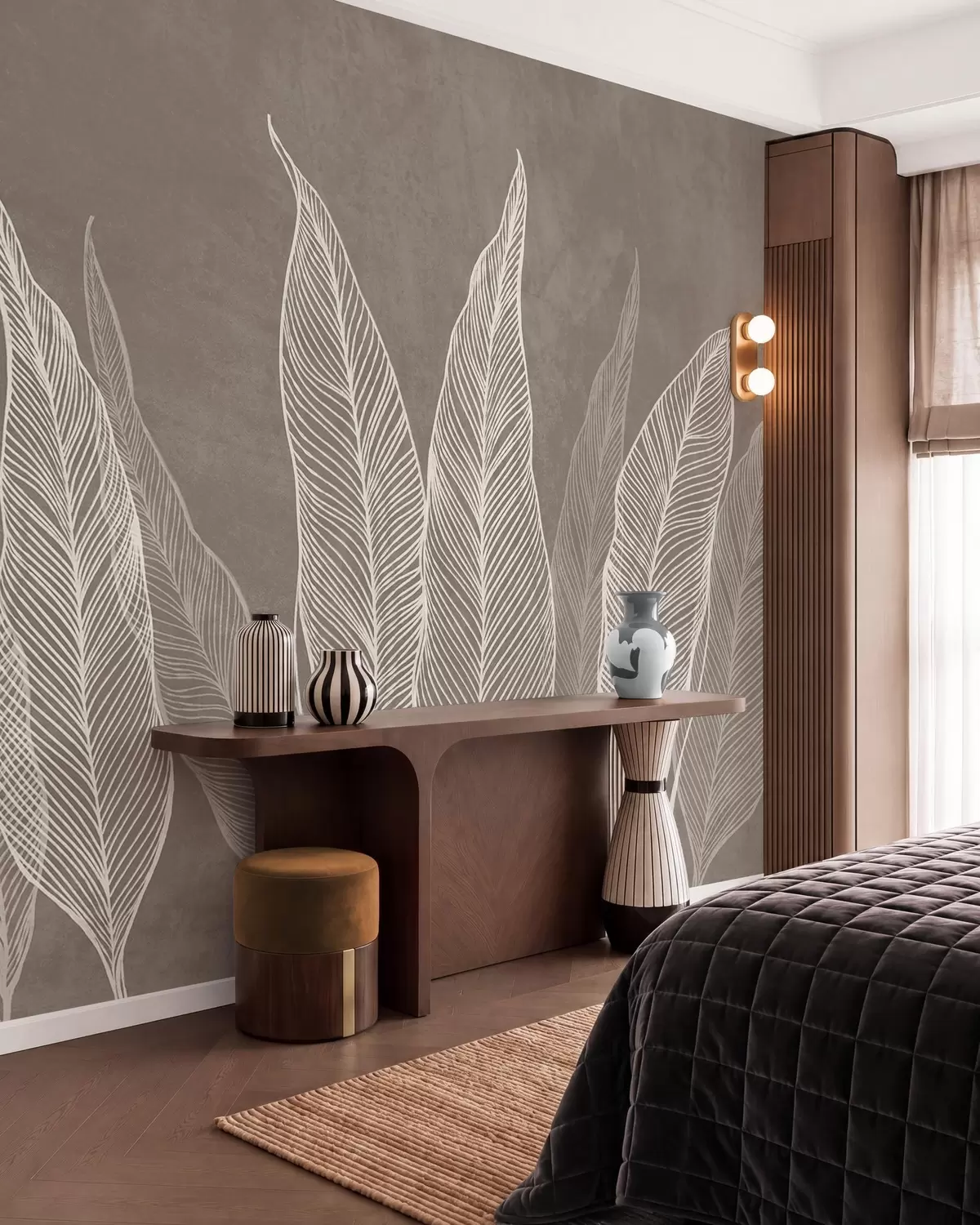 Papier peint Feuilles blanches stylisées aux détails linéaires complexes sur fond marron, illustration texturée w10030v4