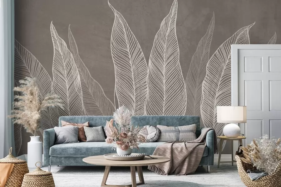Papier peint Feuilles blanches stylisées aux détails linéaires complexes sur fond marron, illustration texturée w10030v4