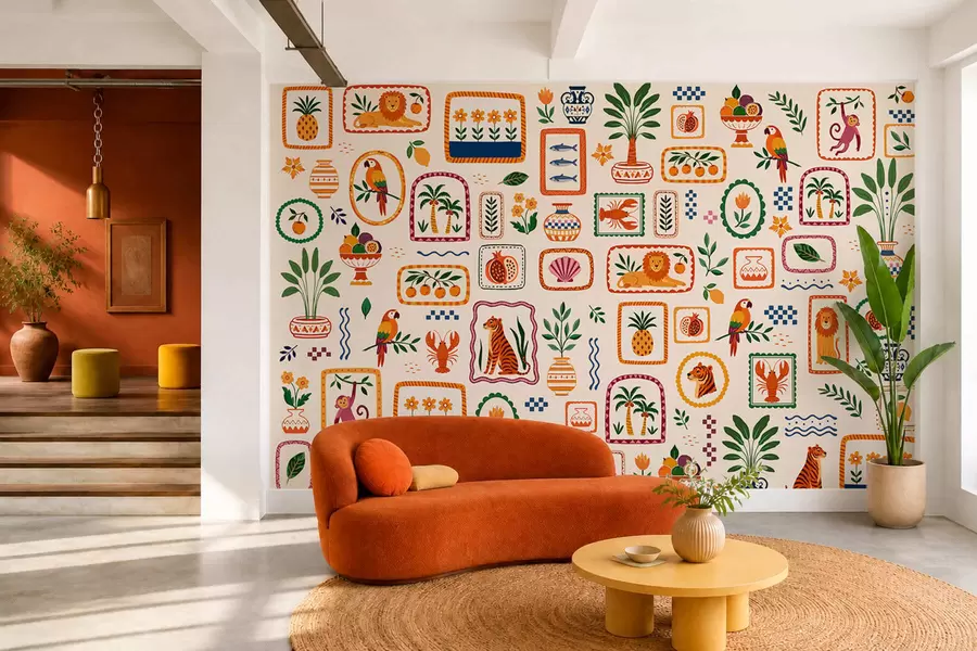 Papier peint Motif coloré représentant des animaux, des plantes et des fruits w05885