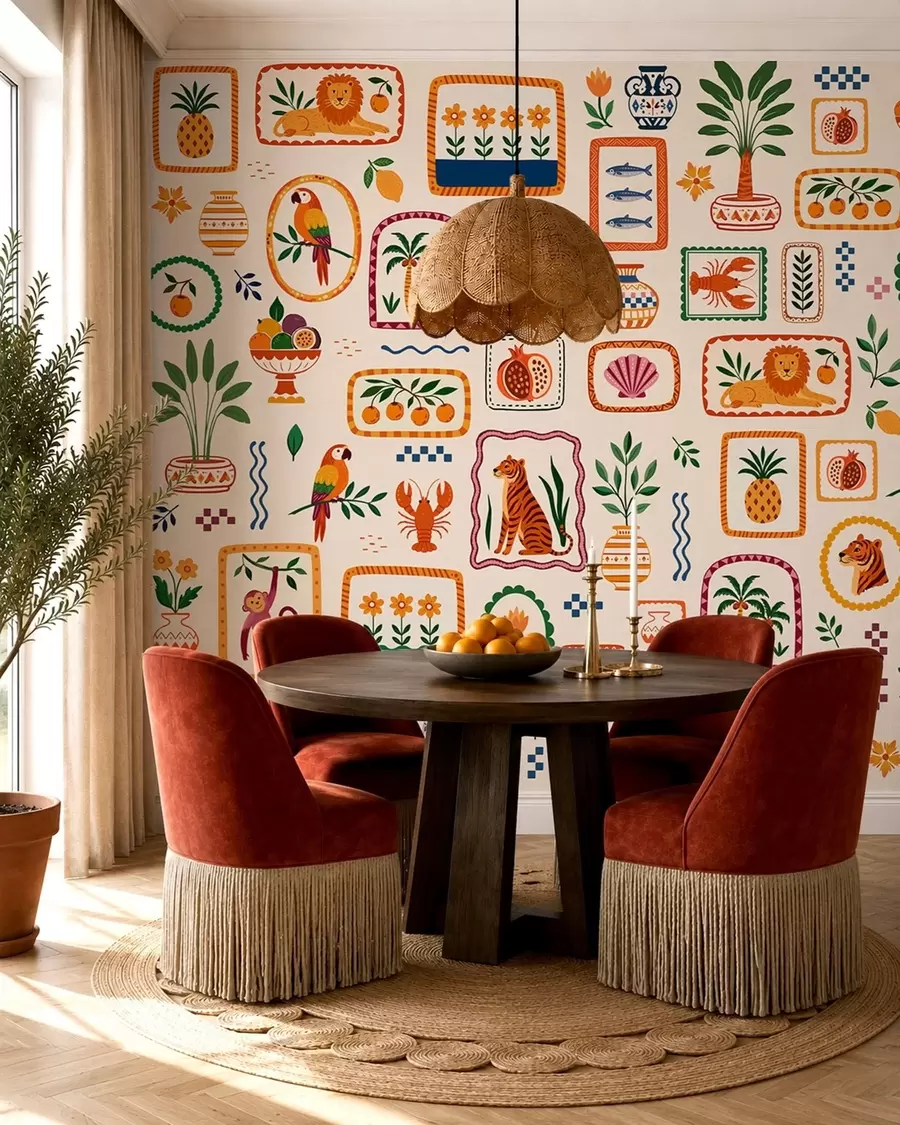 Papier peint Motif coloré représentant des animaux, des plantes et des fruits w05885