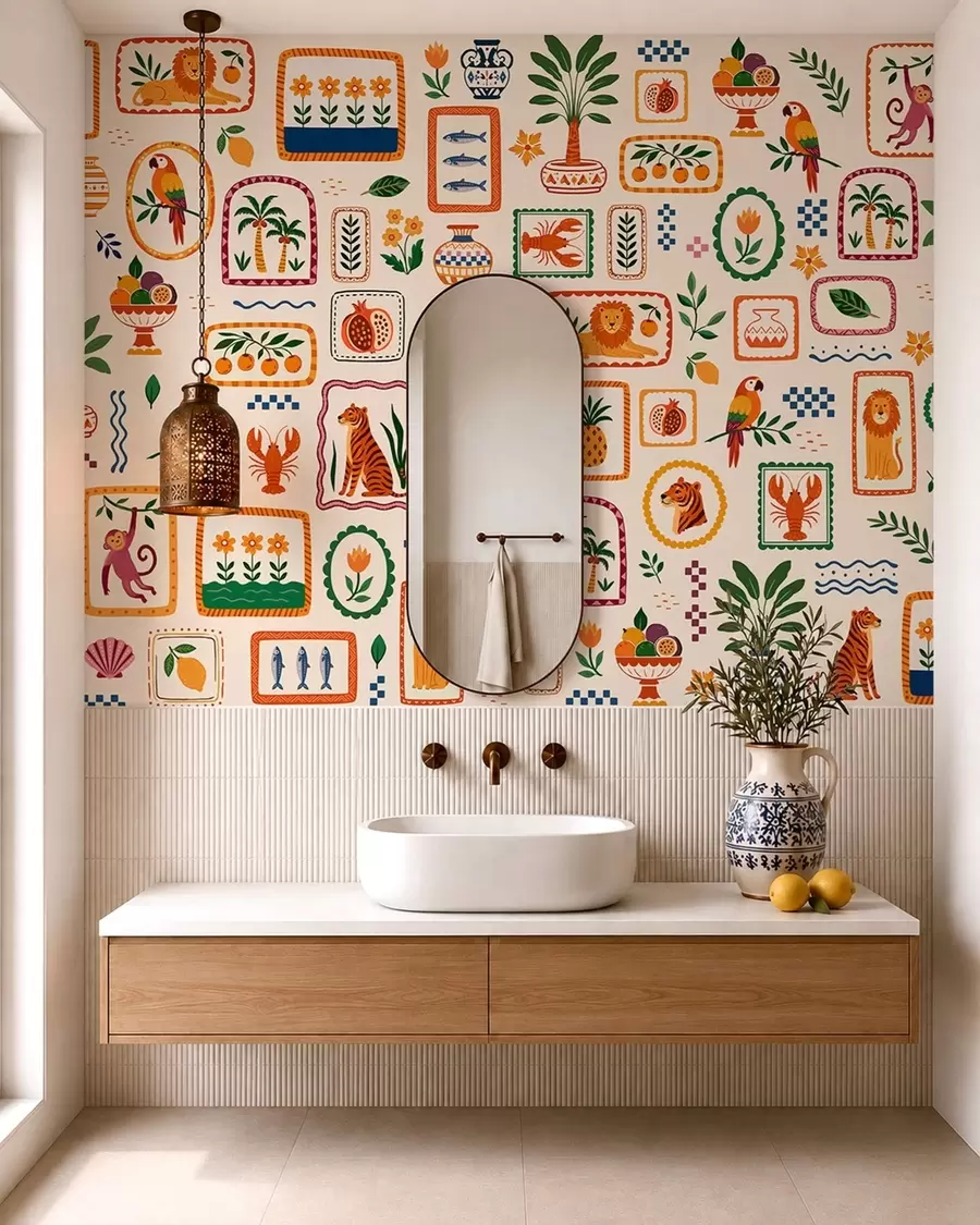 Papier peint Motif coloré représentant des animaux, des plantes et des fruits w05885