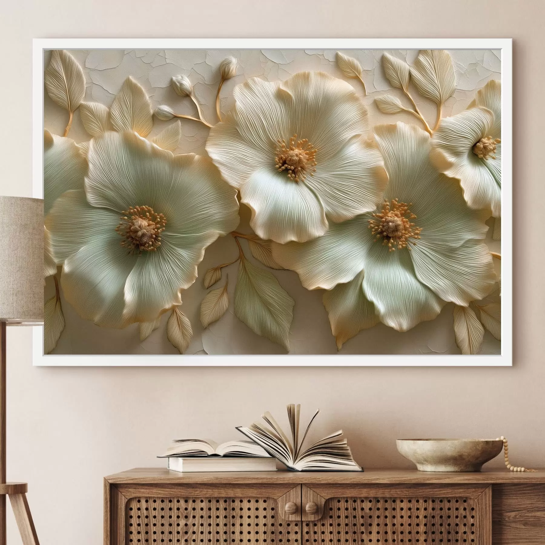 Papier peint De grandes fleurs et feuilles aux tons clairs, créant un effet de relief f50420