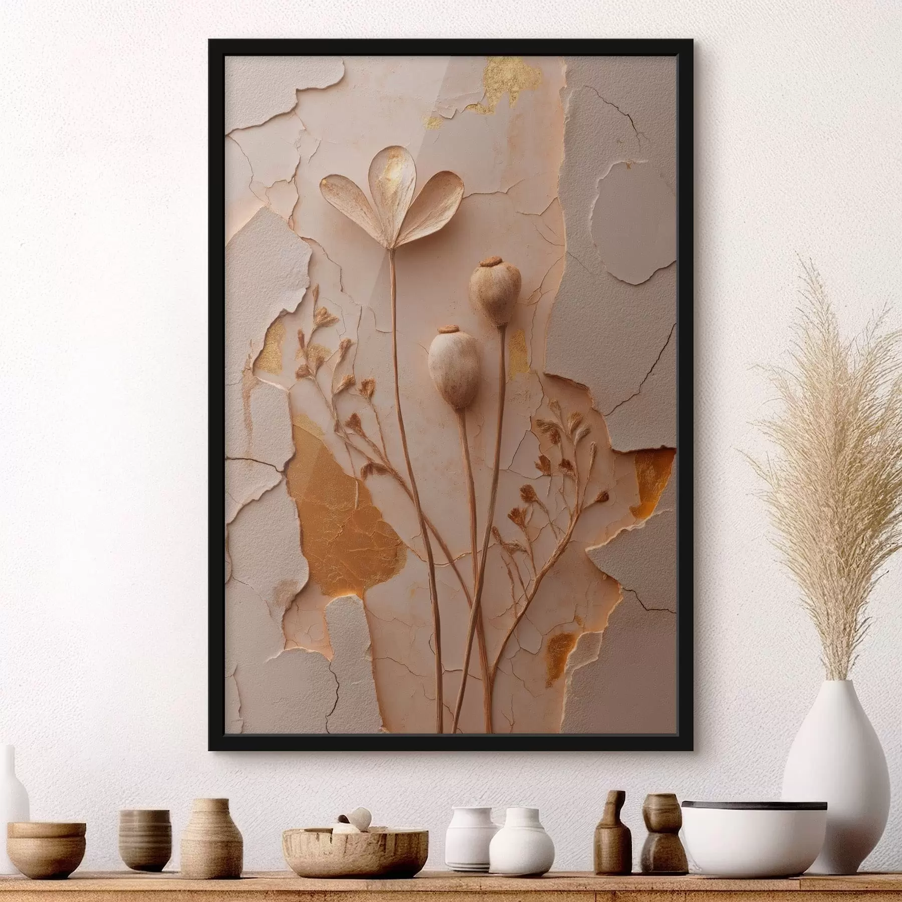 Papier peint Plantes séchées sur un fond présentant un effet de surface craquelée f50426