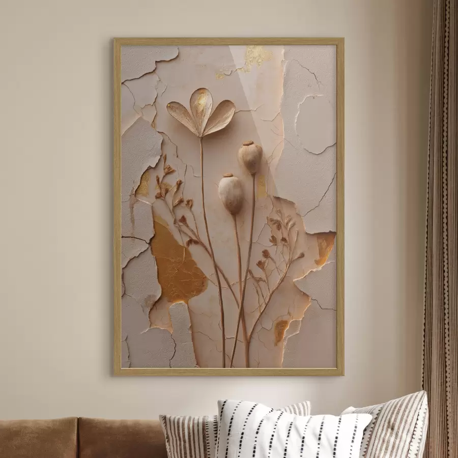 Papier peint Plantes séchées sur un fond présentant un effet de surface craquelée f50426