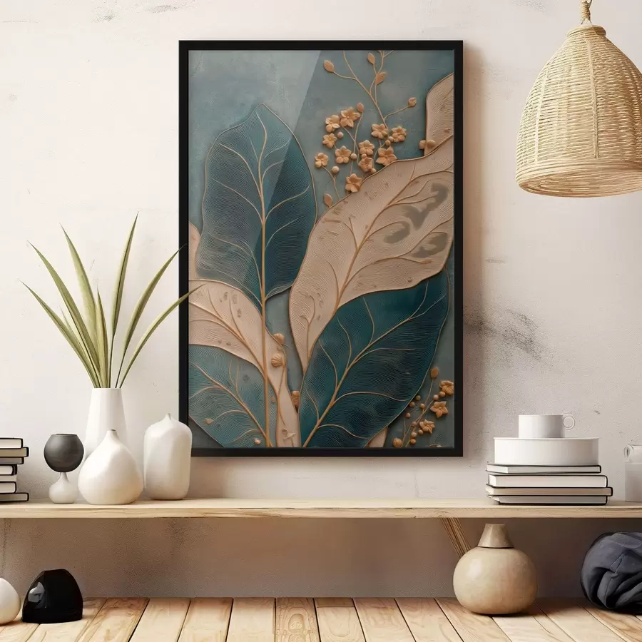 Papier peint Des feuilles et des petites fleurs créant un effet de relief sur un fond sombre f50427