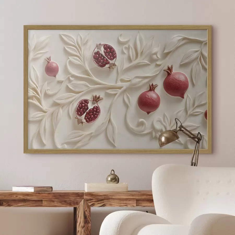 Papier peint Des grenades rouges parmi des branches décoratives claires f50428