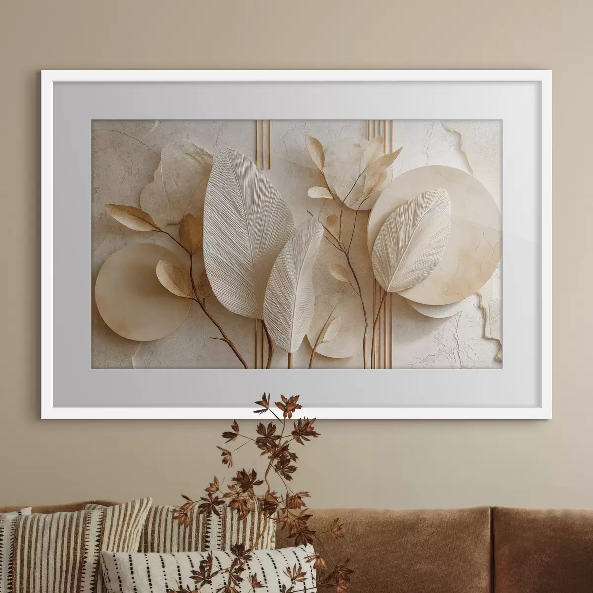 Poster Feuilles stylisées et formes circulaires sur un fond clair f50429