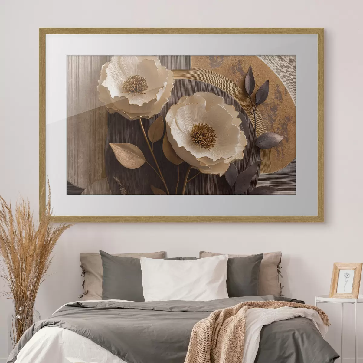 Poster De grandes fleurs claires, avec des feuilles foncées et des cercles f50430