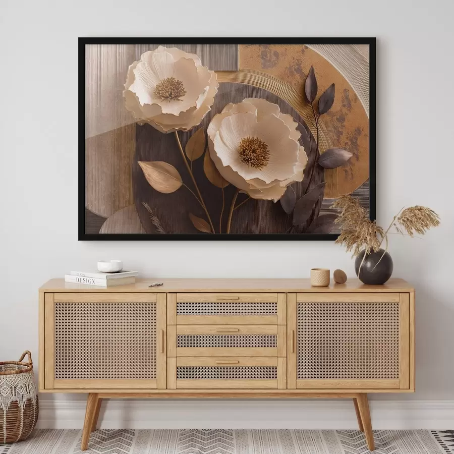 Papier peint De grandes fleurs claires, avec des feuilles foncées et des cercles f50430