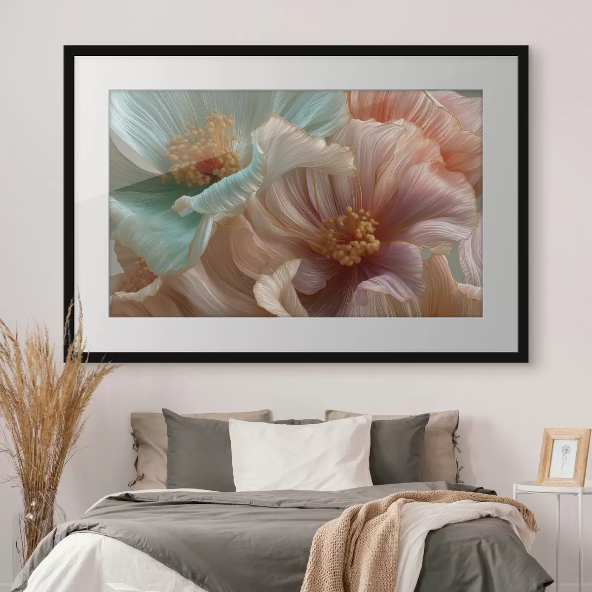 Poster Grandes fleurs turquoise et roses avec un effet de relief f50432