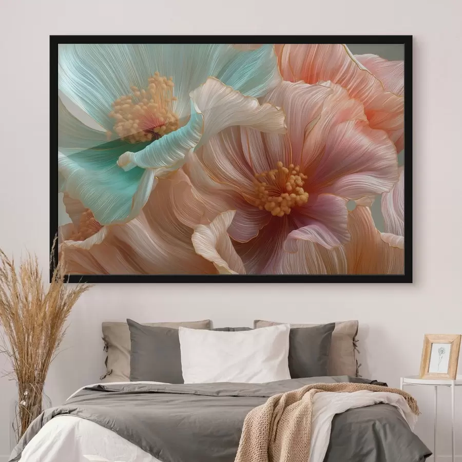 Papier peint Grandes fleurs turquoise et roses avec un effet de relief f50432