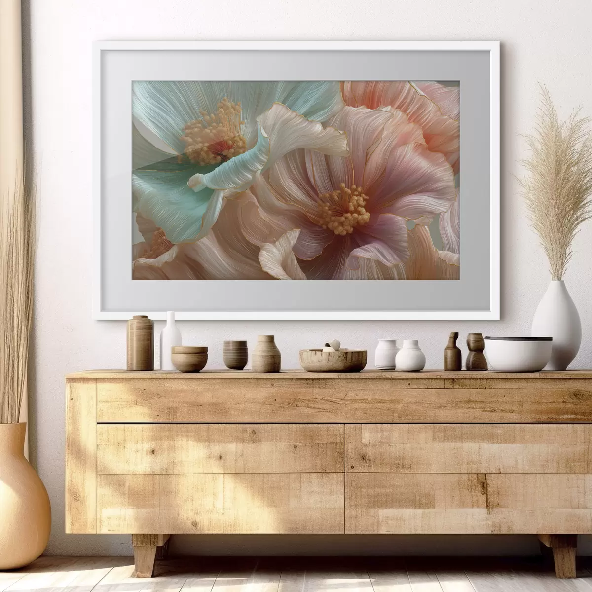 Poster Grandes fleurs turquoise et roses avec un effet de relief f50432