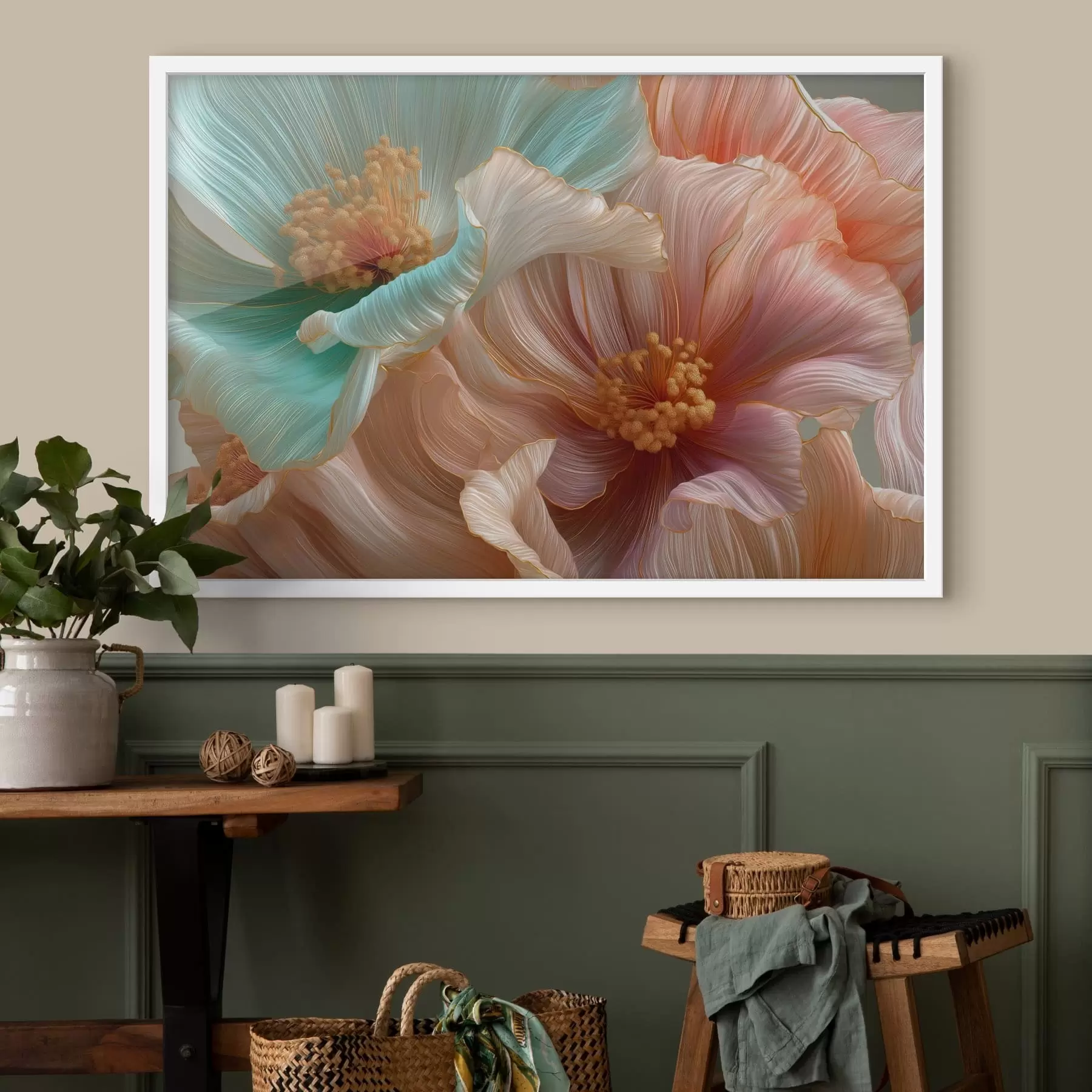 Papier peint Grandes fleurs turquoise et roses avec un effet de relief f50432