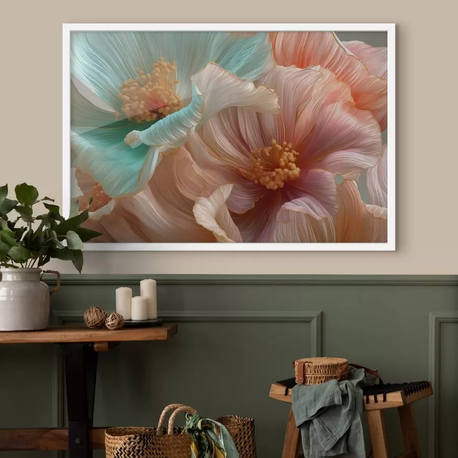 Papier peint Grandes fleurs turquoise et roses avec un effet de relief f50432