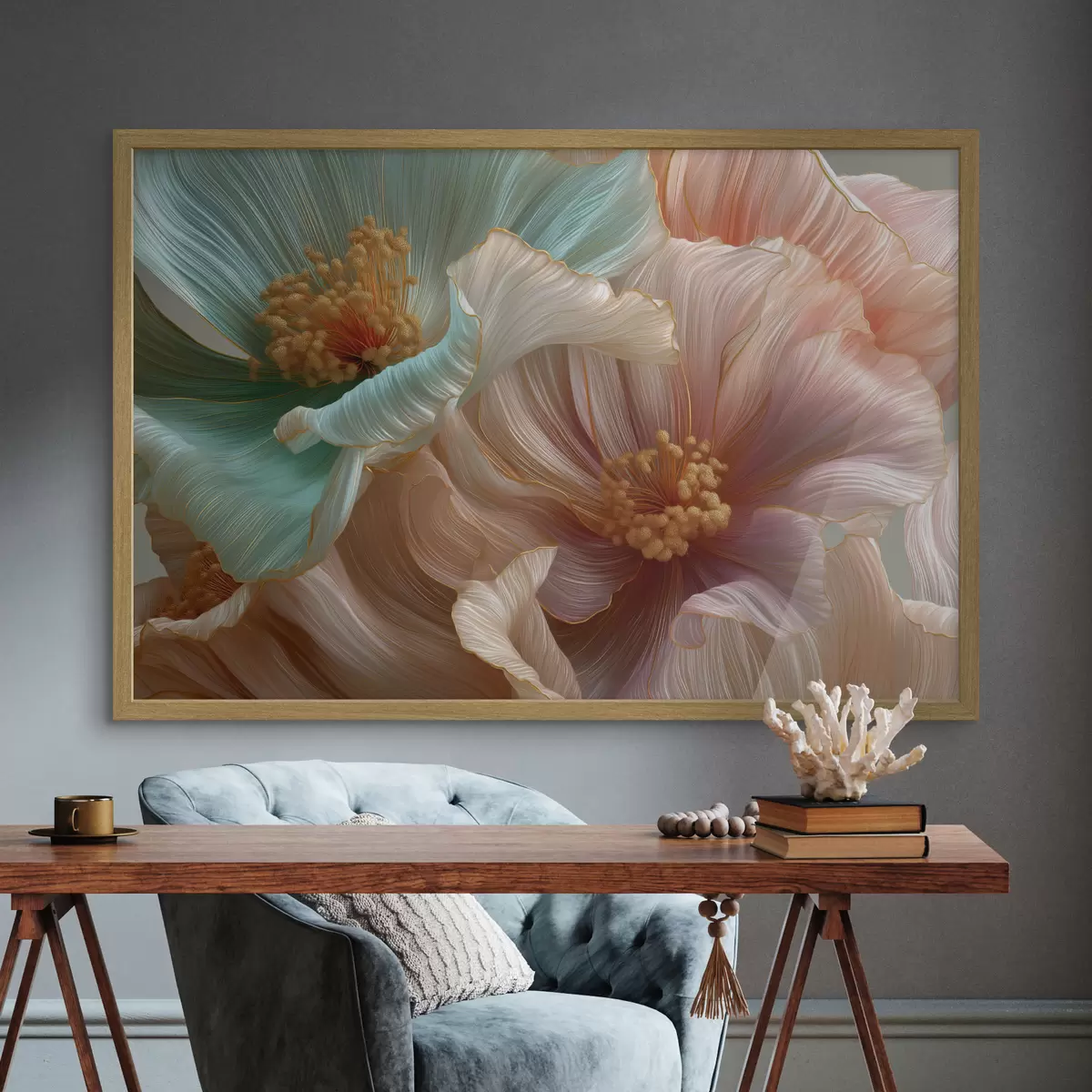 Poster Grandes fleurs turquoise et roses avec un effet de relief f50432