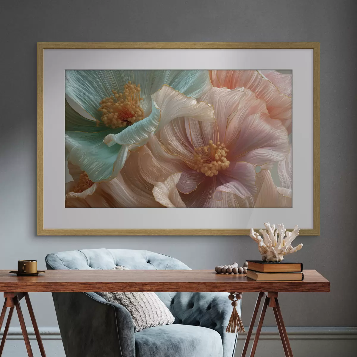 Poster Grandes fleurs turquoise et roses avec un effet de relief f50432