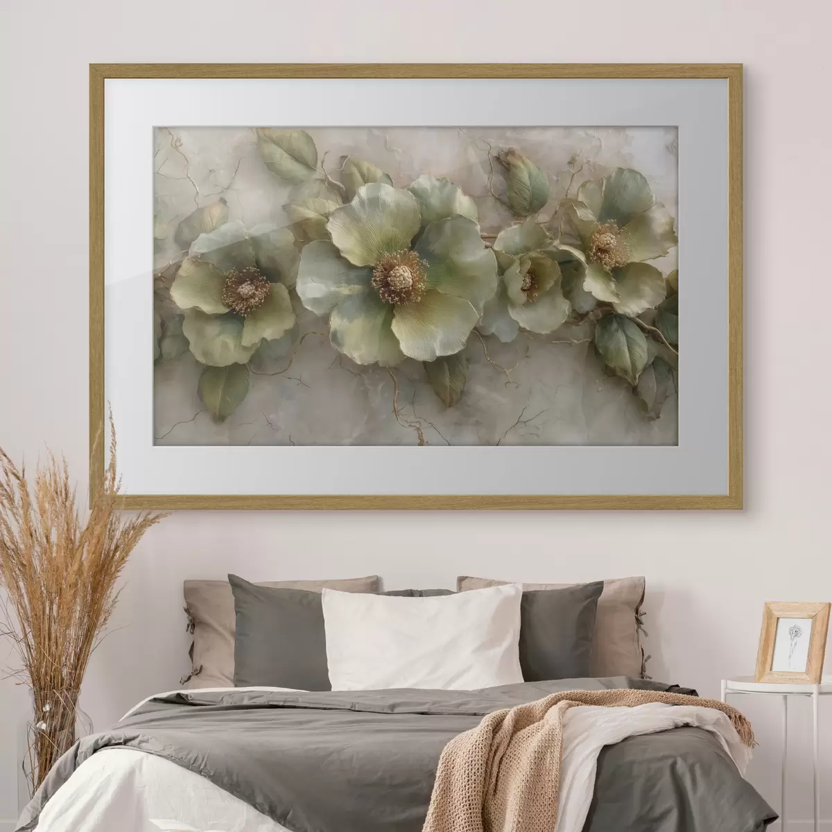 Poster De grandes fleurs et feuilles vertes sur un fond clair aux nuances douces f50434
