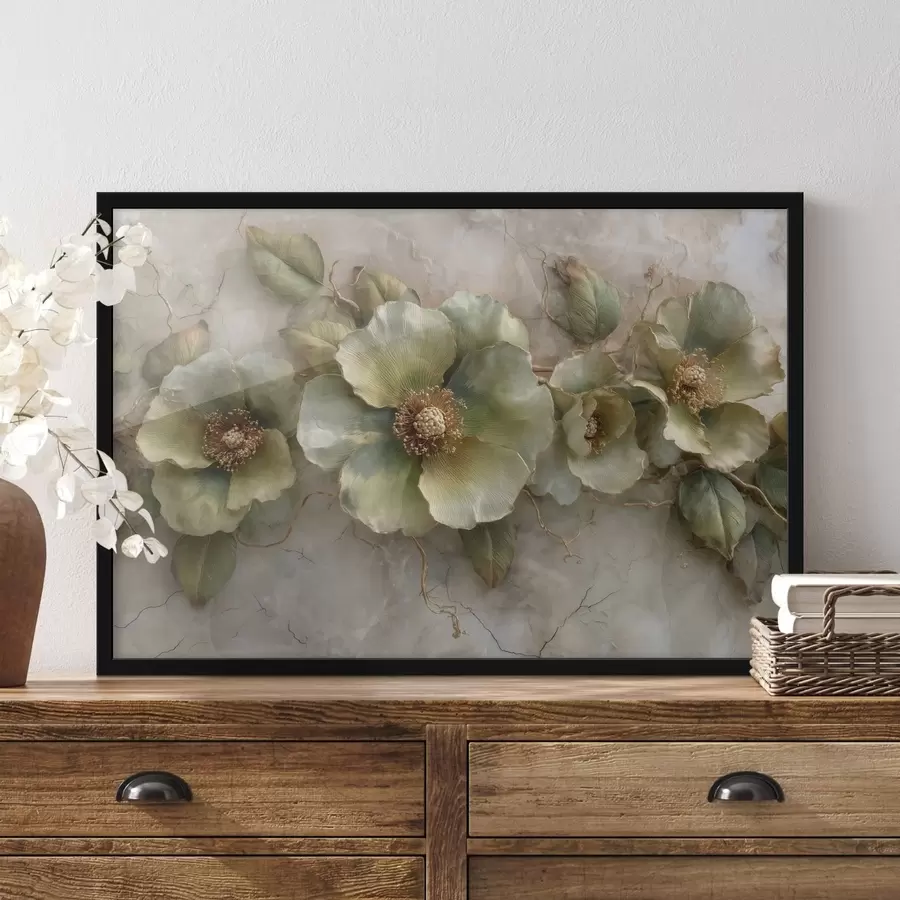 Papier peint De grandes fleurs et feuilles vertes sur un fond clair aux nuances douces f50434