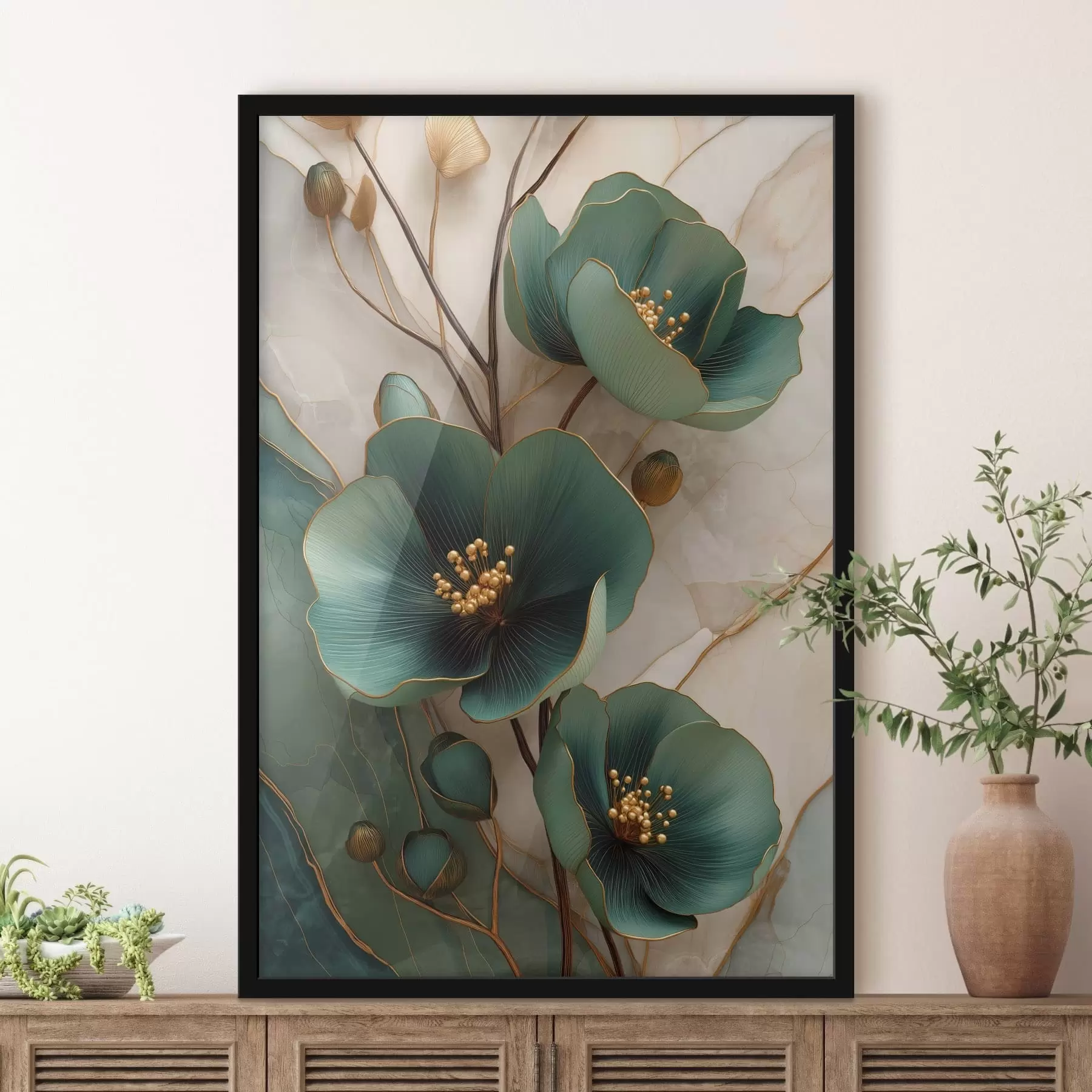 Papier peint Fleurs turquoise ornées d'étamines décoratives f50435