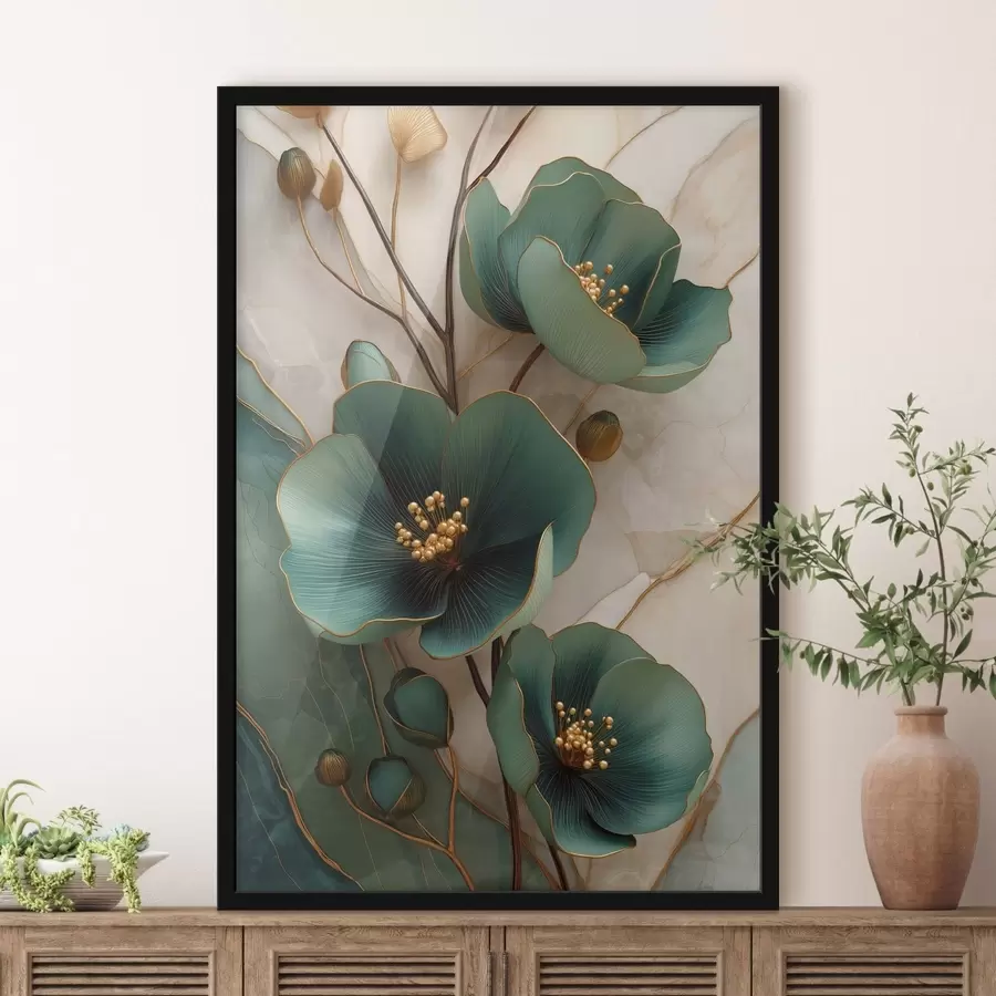 Papier peint Fleurs turquoise ornées d'étamines décoratives f50435
