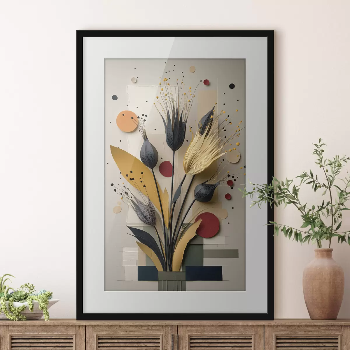 Poster Fleurs abstraites aux tiges sombres et aux cercles f50437