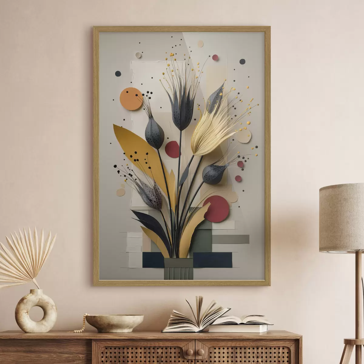 Poster Fleurs abstraites aux tiges sombres et aux cercles f50437