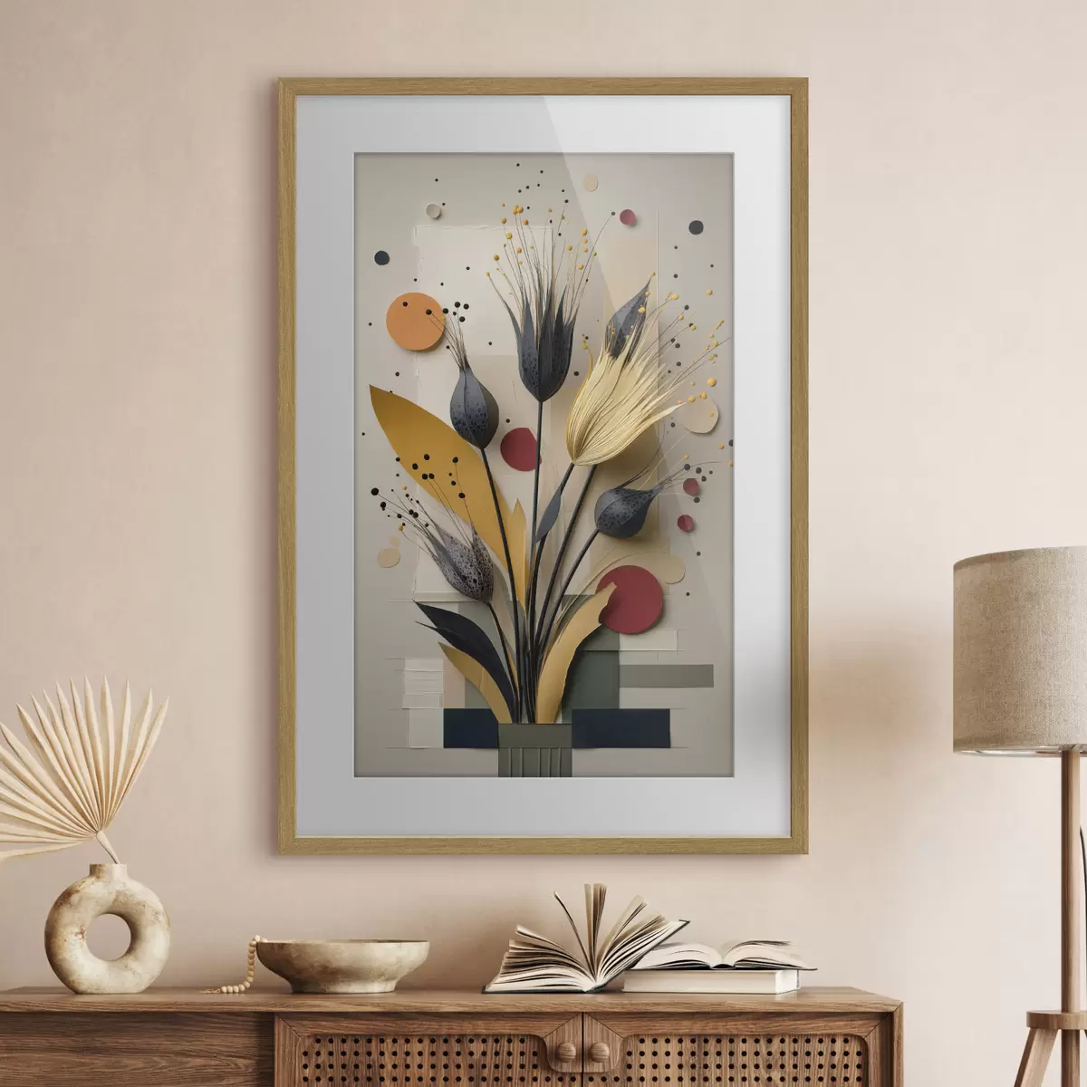 Poster Fleurs abstraites aux tiges sombres et aux cercles f50437