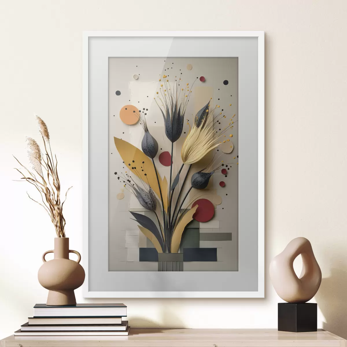 Poster Fleurs abstraites aux tiges sombres et aux cercles f50437