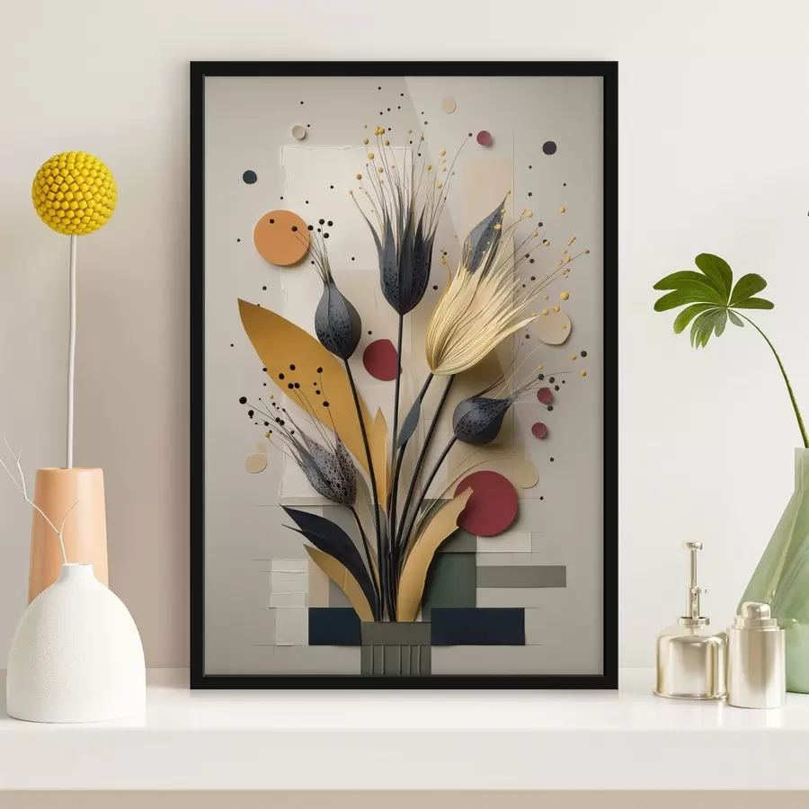 Papier peint Fleurs abstraites aux tiges sombres et aux cercles f50437