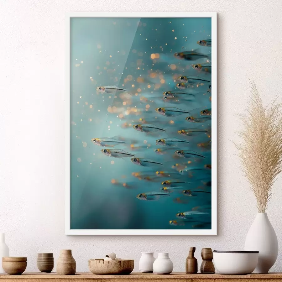 Papier peint Un banc de petits poissons dans une eau bleue avec des reflets f50443