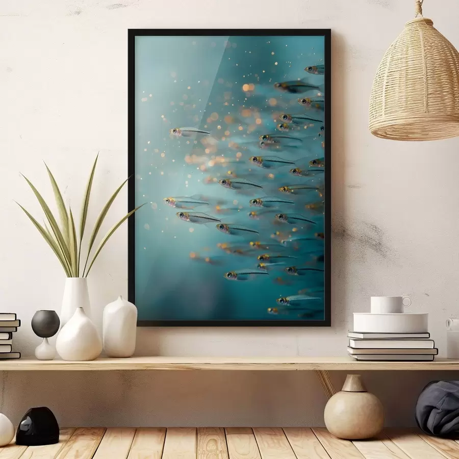 Papier peint Un banc de petits poissons dans une eau bleue avec des reflets f50443