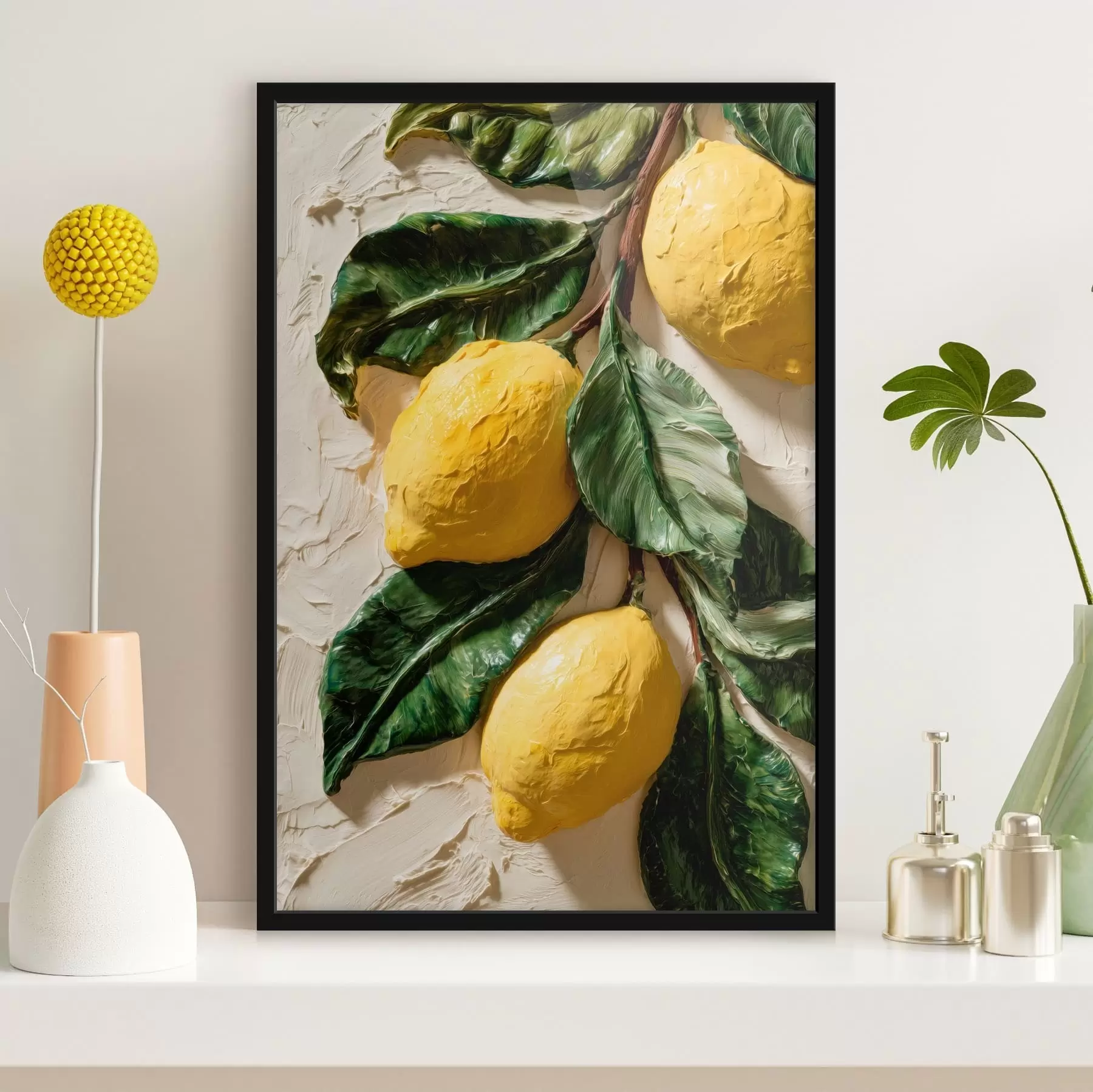 Papier peint Des citrons avec un effet de relief et des feuilles vert foncé f50444