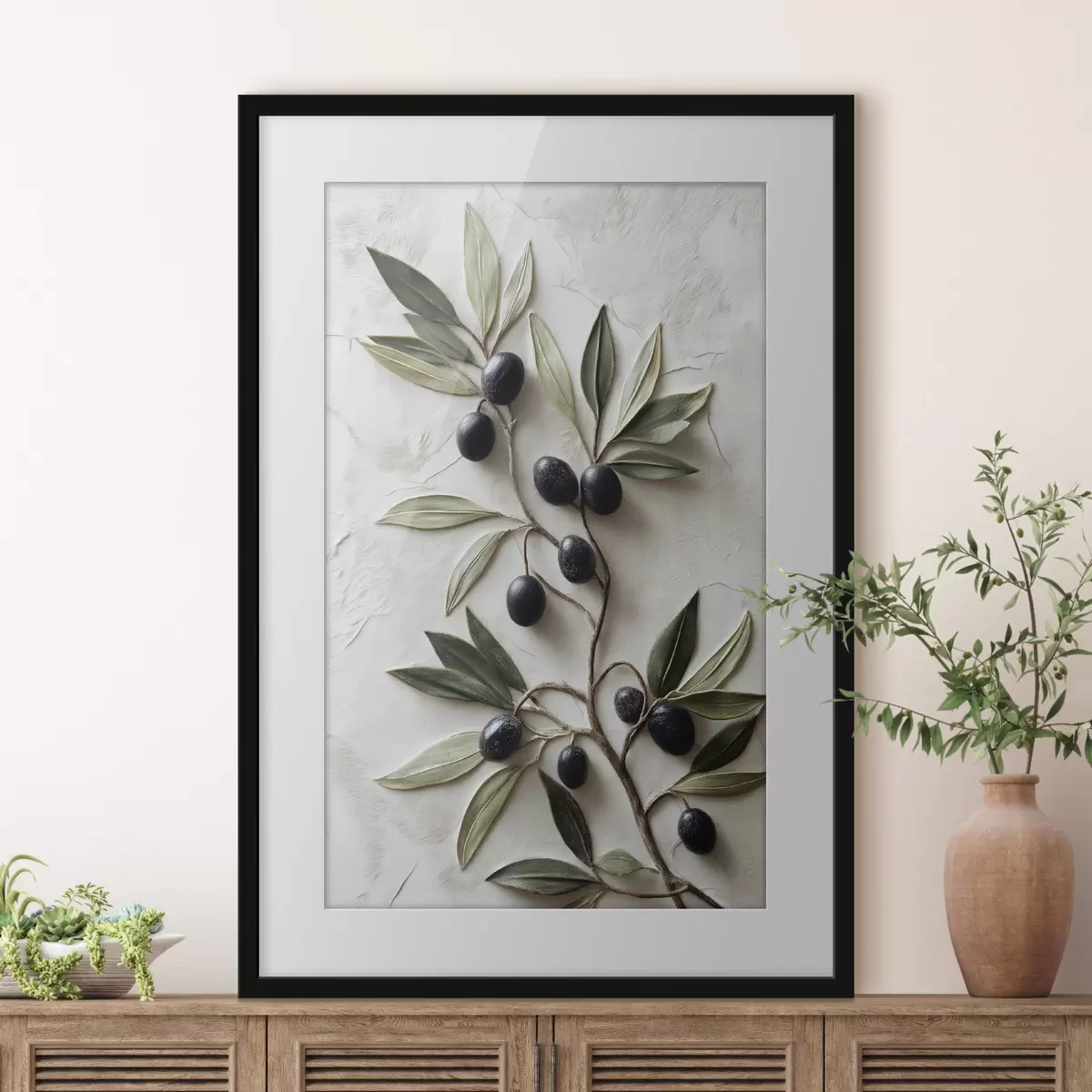 Poster Branche avec des olives noires et des feuilles vertes f50447