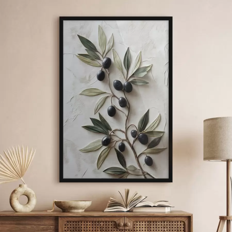 Papier peint Branche avec des olives noires et des feuilles vertes f50447