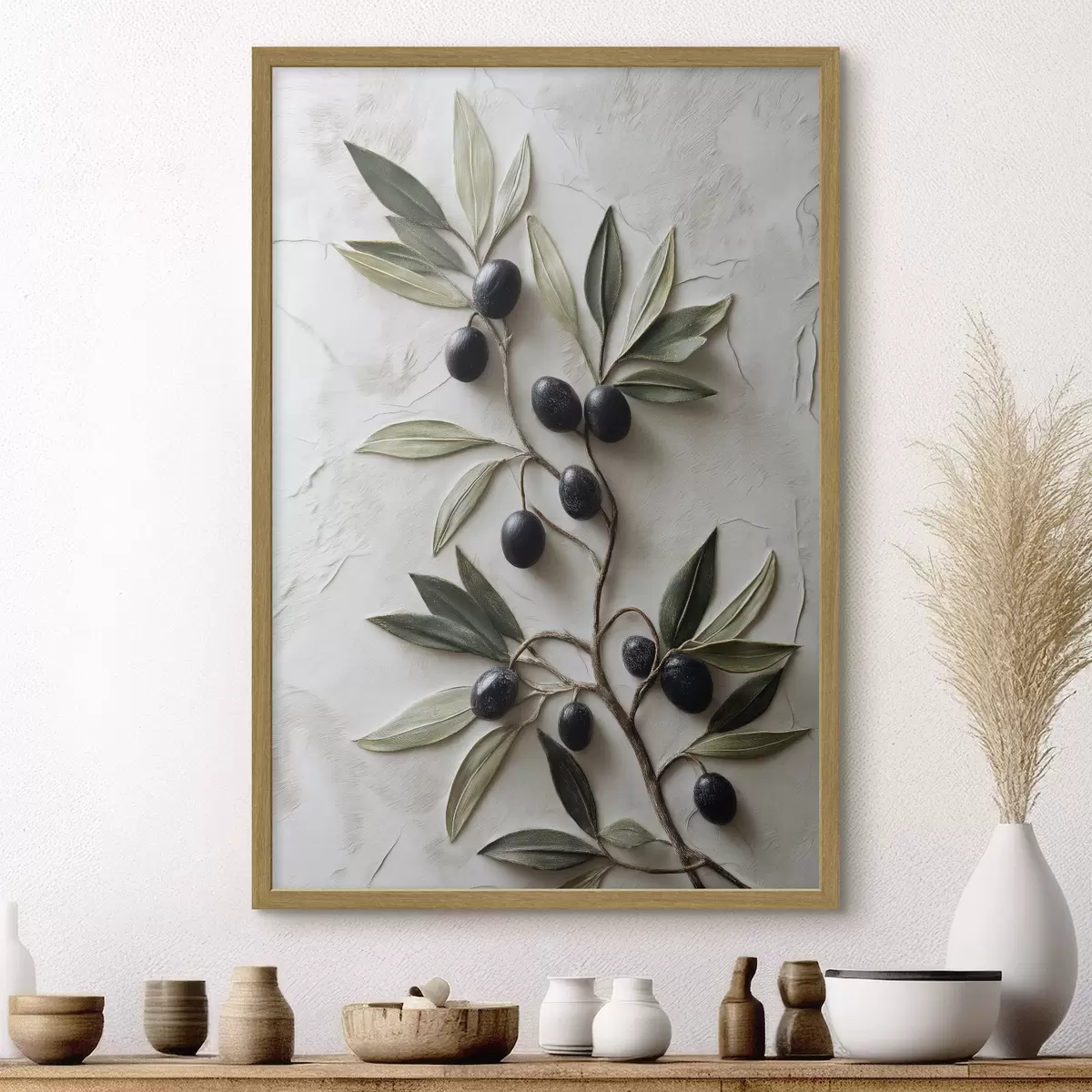 Poster Branche avec des olives noires et des feuilles vertes f50447