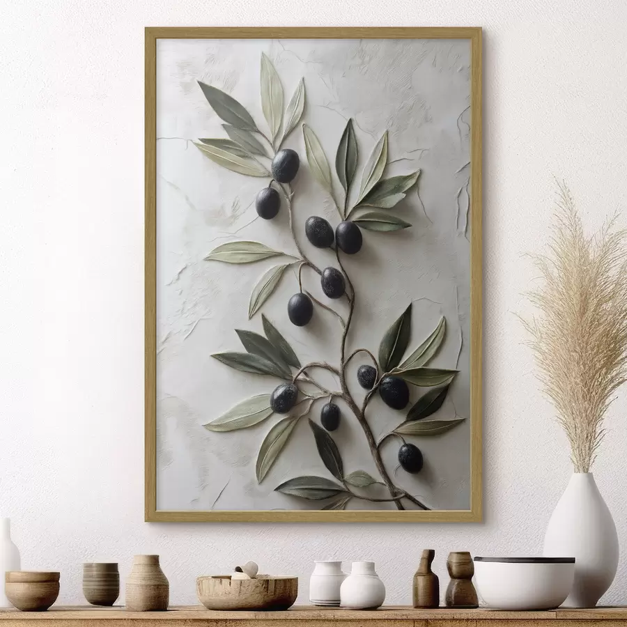 Papier peint Branche avec des olives noires et des feuilles vertes f50447