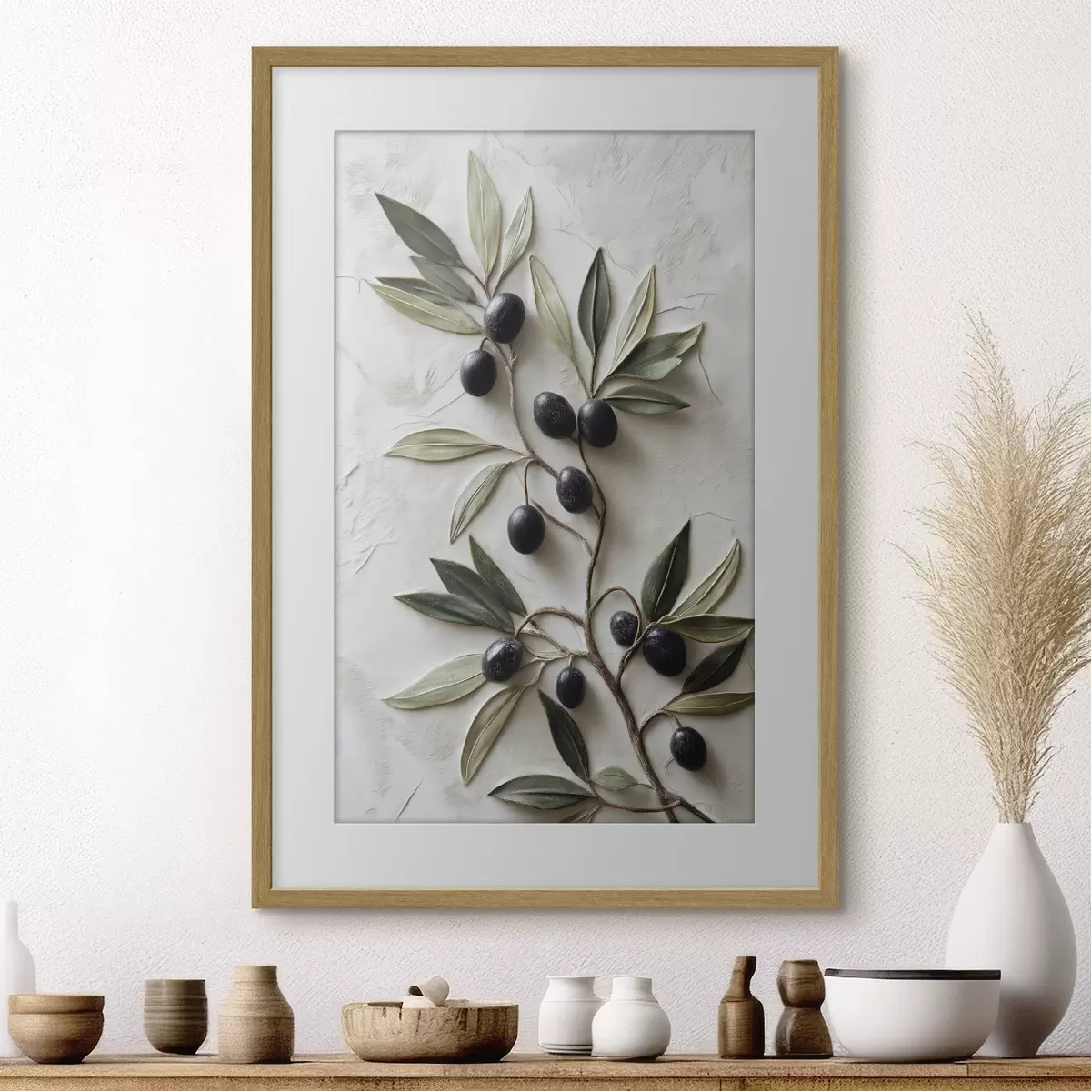 Poster Branche avec des olives noires et des feuilles vertes f50447