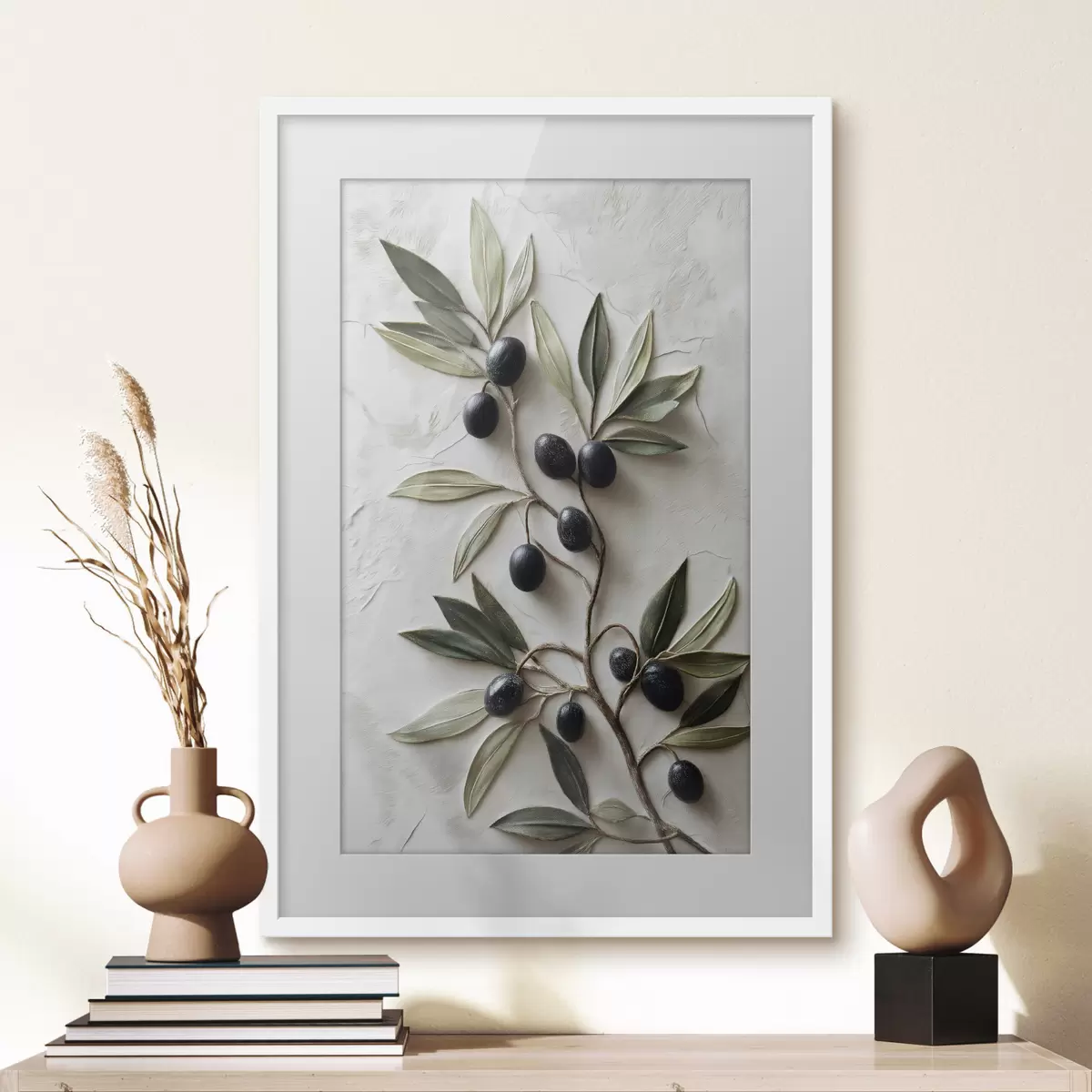 Poster Branche avec des olives noires et des feuilles vertes f50447