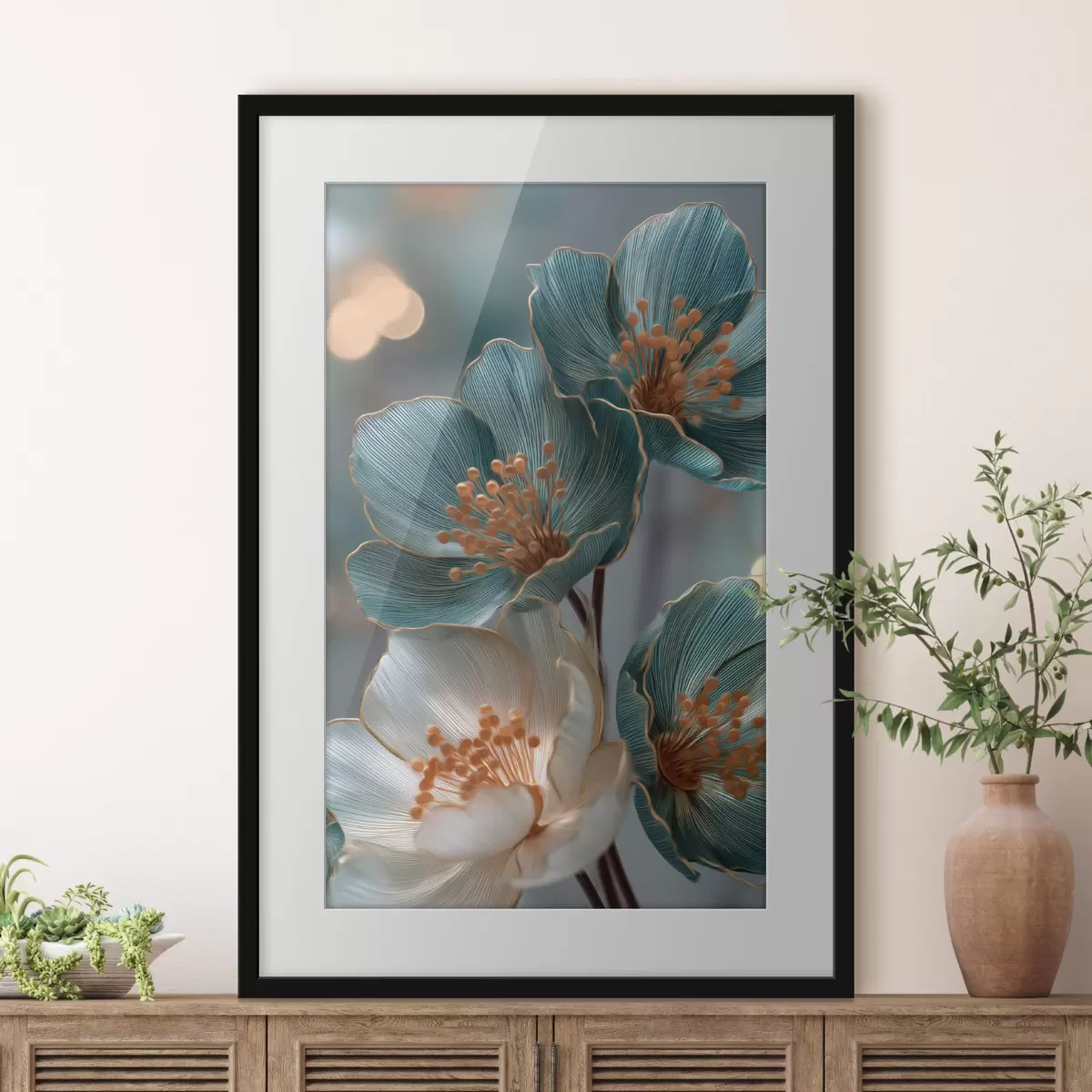 Poster Fleurs turquoise et blanches aux étamines orange f50448