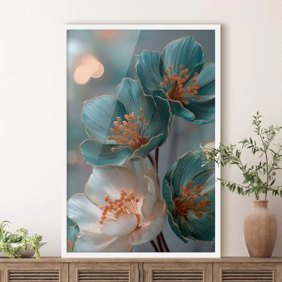 Papier peint Fleurs turquoise et blanches aux étamines orange f50448