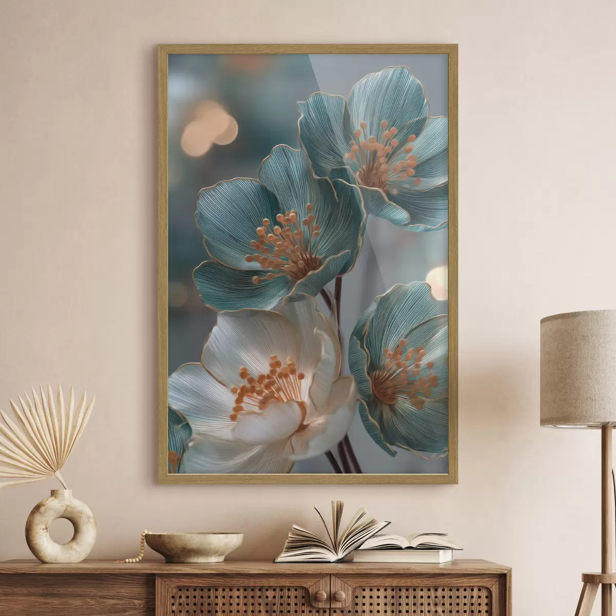 Poster Fleurs turquoise et blanches aux étamines orange f50448