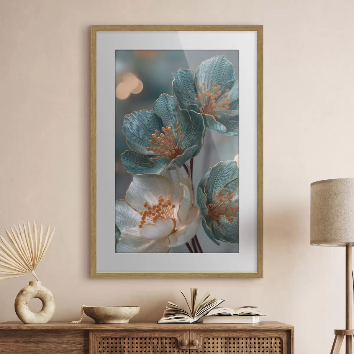 Poster Fleurs turquoise et blanches aux étamines orange f50448