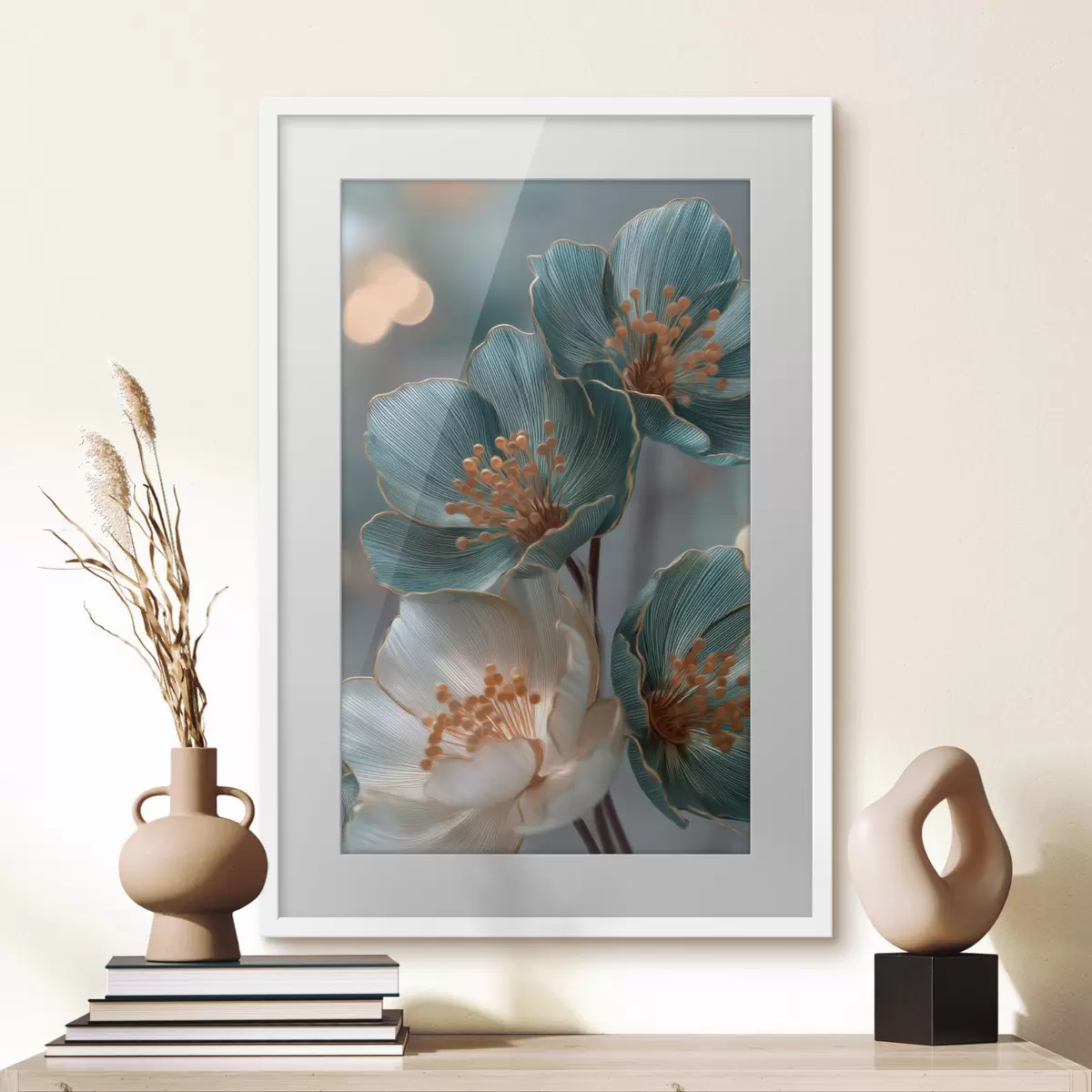 Poster Fleurs turquoise et blanches aux étamines orange f50448