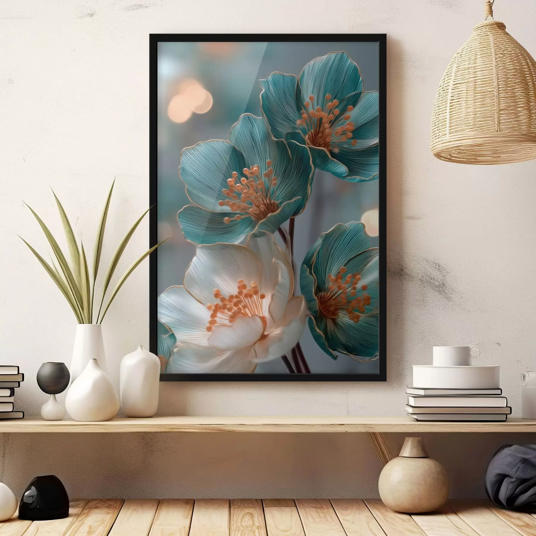 Papier peint Fleurs turquoise et blanches aux étamines orange f50448