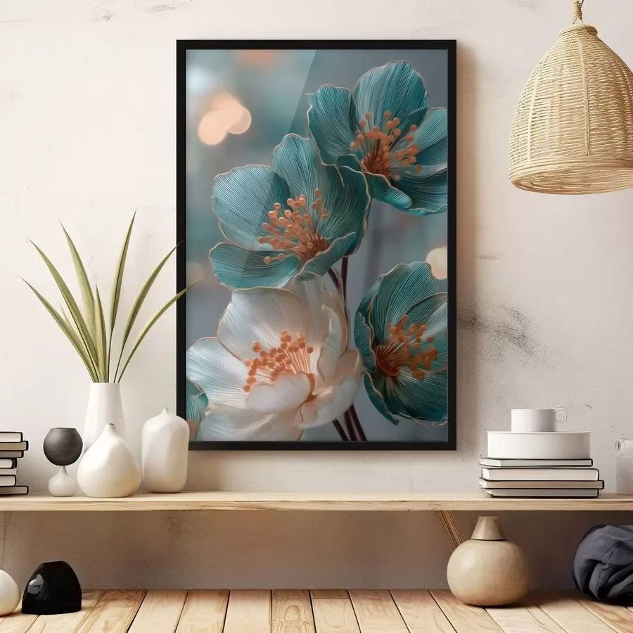 Papier peint Fleurs turquoise et blanches aux étamines orange f50448