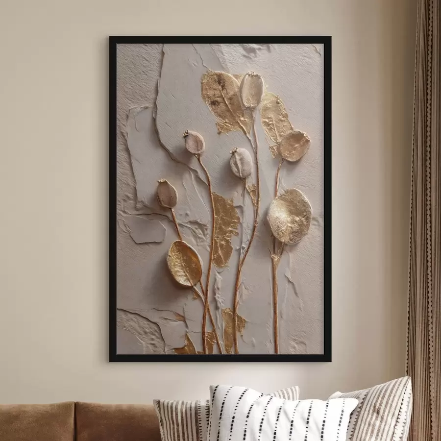 Papier peint Tiges avec des feuilles et des gousses présentant un effet de relief f50449
