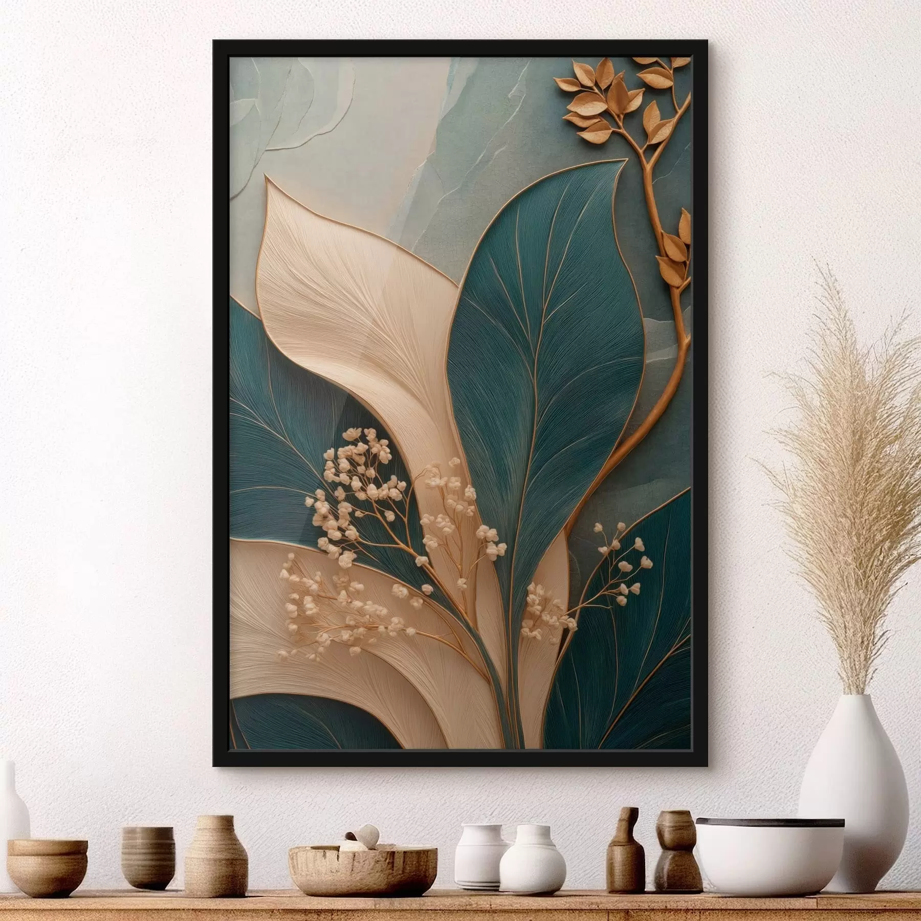 Papier peint De grandes feuilles turquoise et crème, avec de petites branches f50451