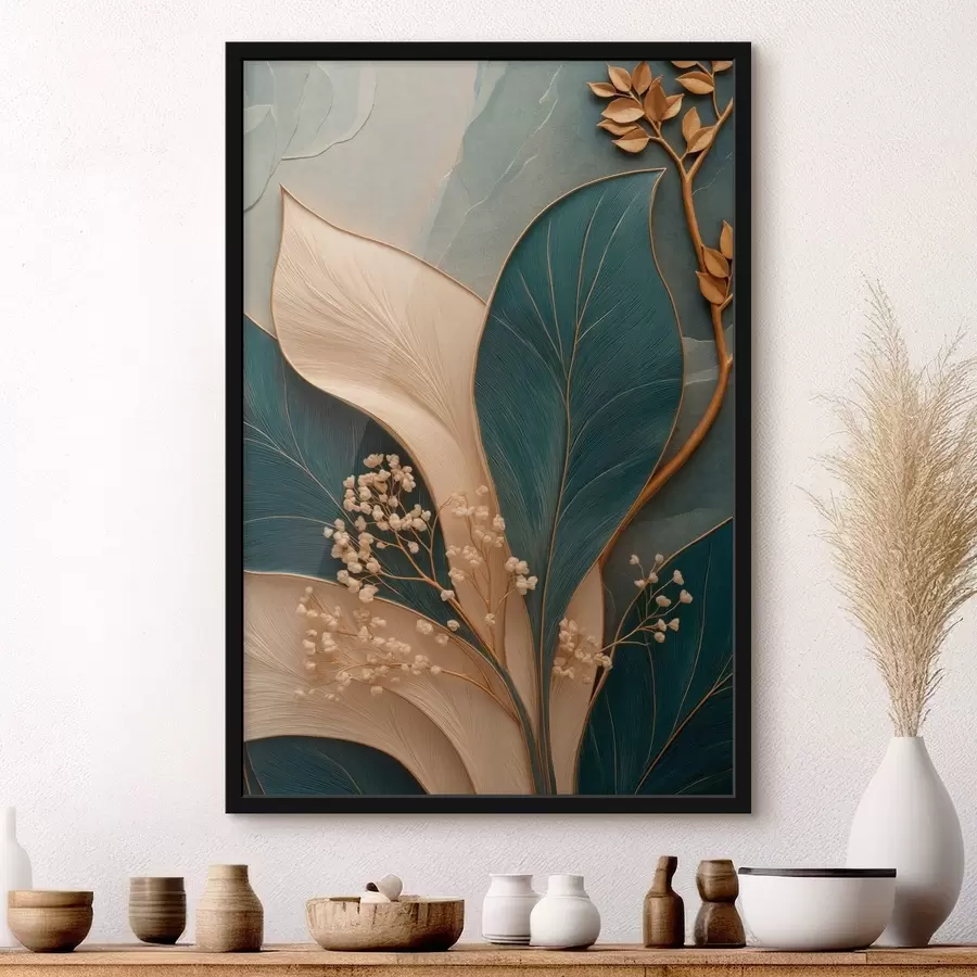 Papier peint De grandes feuilles turquoise et crème, avec de petites branches f50451