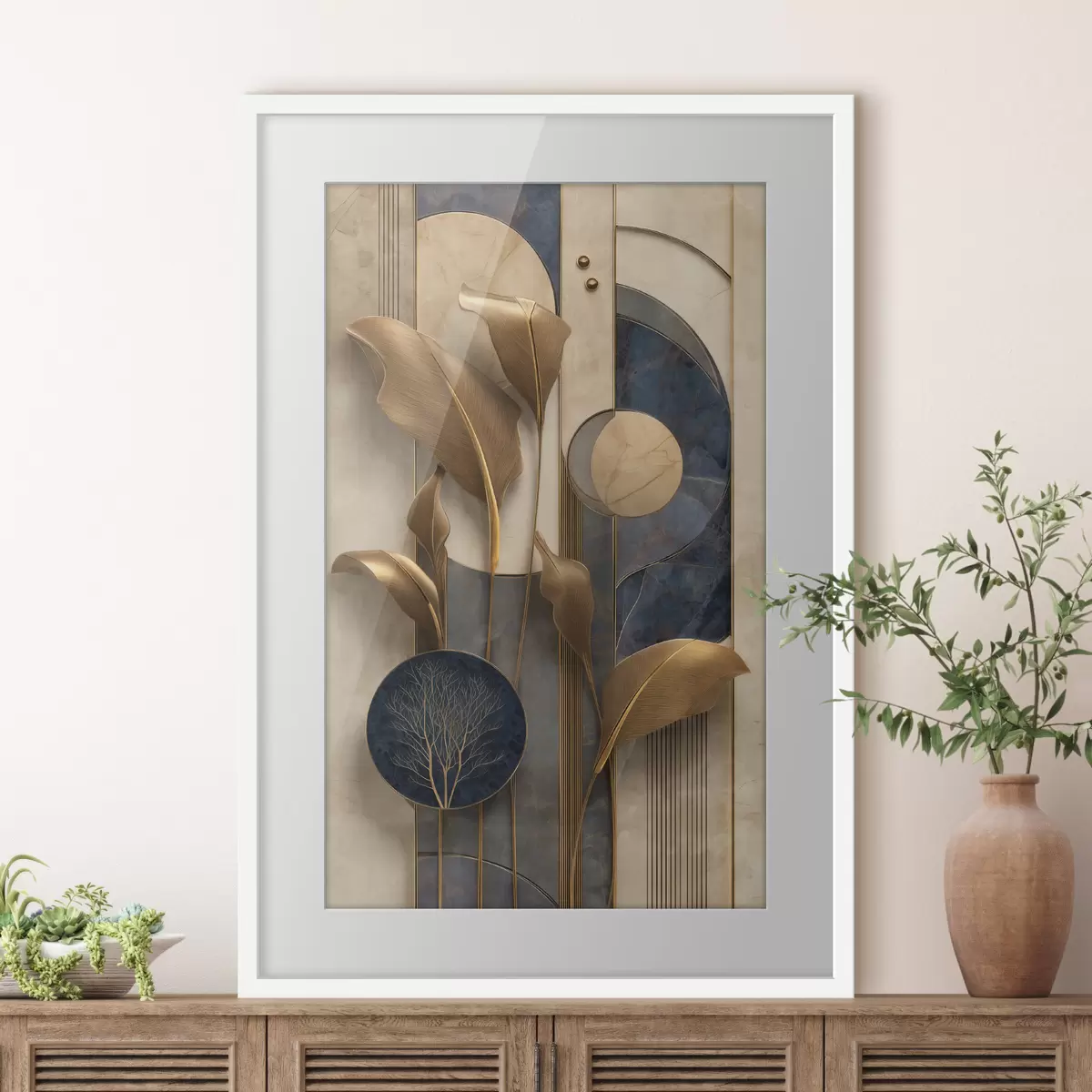 Poster Composition géométrique avec des feuilles aux teintes bronze f50452
